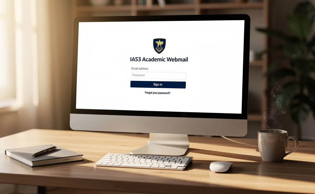 Un écran d’ordinateur moderne affiche la page de connexion du webmail académique IA53 dans un espace de travail rangé baigné de lumière matinale.