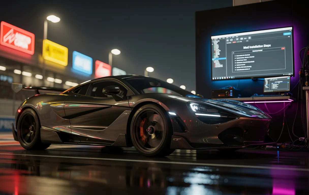 Une voiture de course photoréaliste illuminée roule sur un circuit de nuit, tandis qu’un écran d’ordinateur affiche l’interface et les étapes d’installation d’un mod sur Assetto Corsa.