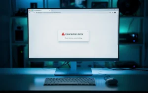 Un écran d’ordinateur moderne affiche un message d’erreur sur un navigateur web dans une pièce sombre aux nuances bleues.