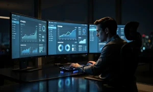 Un marketeur assis seul à un bureau moderne observe des écrans d’ordinateur affichant des graphiques et visuels issus de l’IA dans une lumière bleutée.