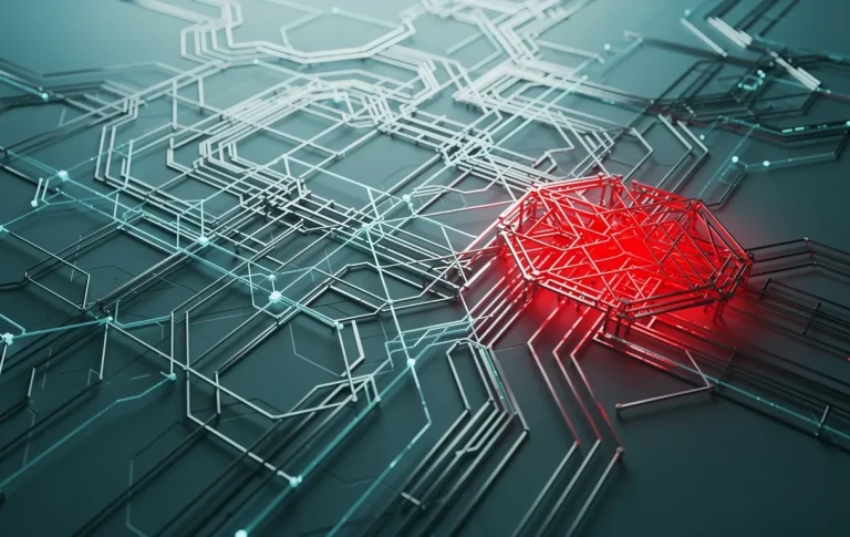 Un labyrinthe géométrique complexe sur une carte numérique avec une section rouge lumineuse signalant une erreur sur un fond bleu-vert.