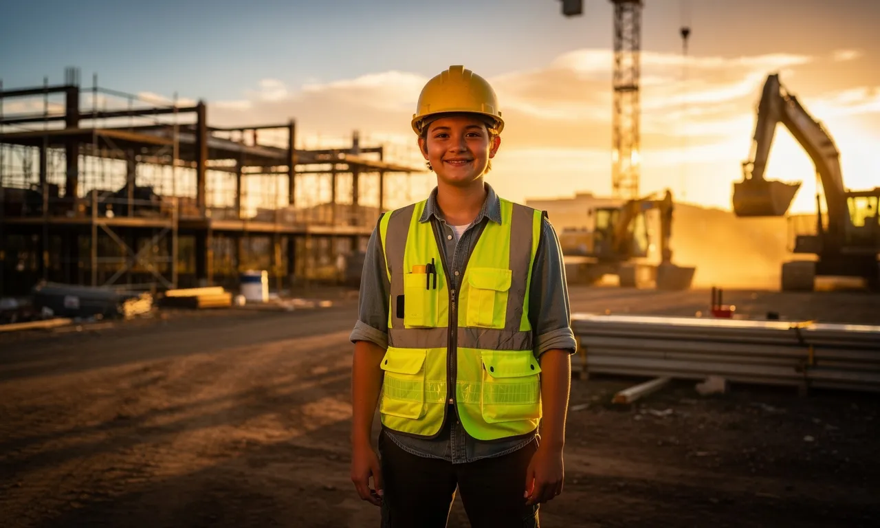 Un jeune ouvrier en gilet haute visibilité se tient devant un chantier au lever du soleil, entouré de machines et baigné de lumière dorée.