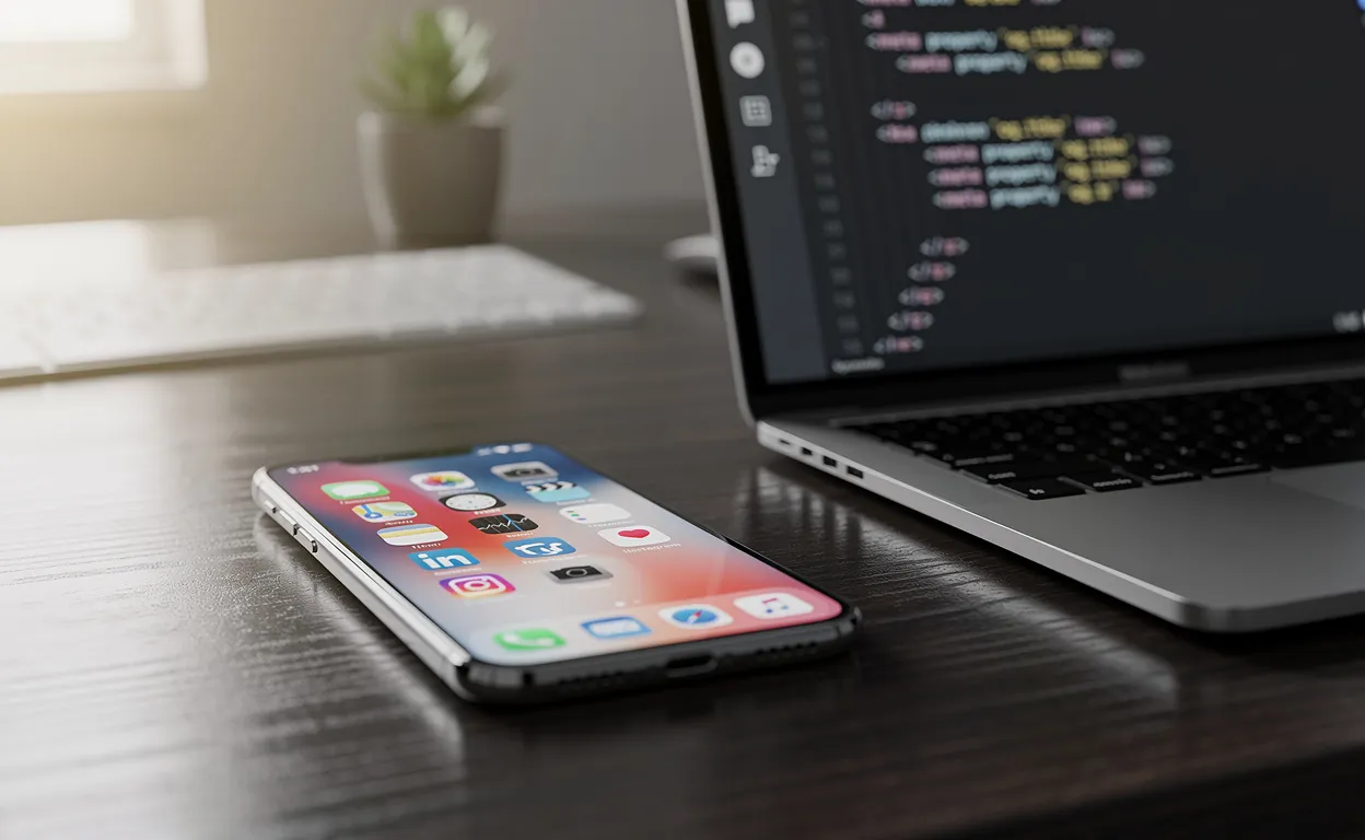 Un smartphone posé sur un bureau moderne affiche les icônes de LinkedIn et Instagram à côté d’un extrait de code Open Graph, baigné d’une lumière matinale douce.