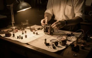 Un bureau ancien des années 1930 avec des composants radio posés sur des plans et une lampe éclaire les mains d’un inventeur assemblant un appareil.