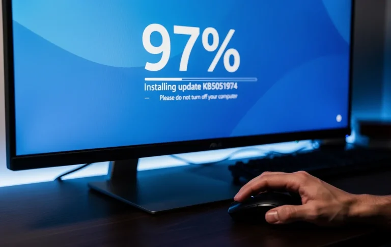 Un écran d’ordinateur moderne bloqué à 97 % lors d’une mise à jour KB5051974, avec une main frustrée posée sur la souris sur un bureau faiblement éclairé.