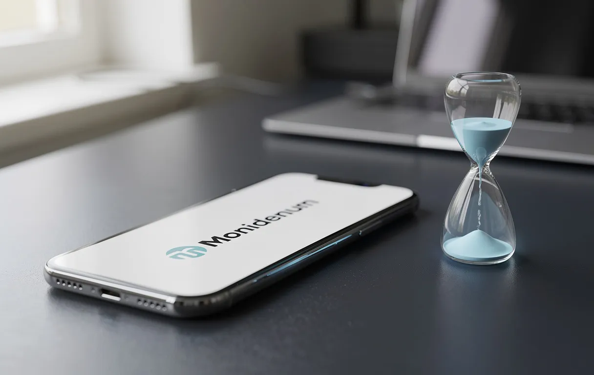 Un smartphone affichant le logo Monidenum et un sablier numérique repose sur un bureau élégant éclairé par une lumière naturelle douce.