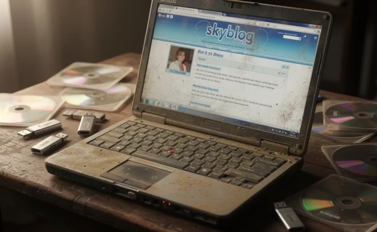 Un vieux ordinateur portable poussiéreux affiche la page d’accueil de Skyblog, entouré de clés USB ternies et de CD-ROM anciens sur un bureau en bois.