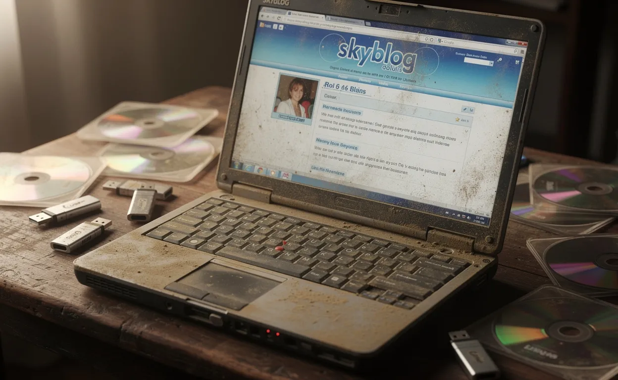 Un vieux ordinateur portable poussiéreux affiche la page d’accueil de Skyblog, entouré de clés USB ternies et de CD-ROM anciens sur un bureau en bois.