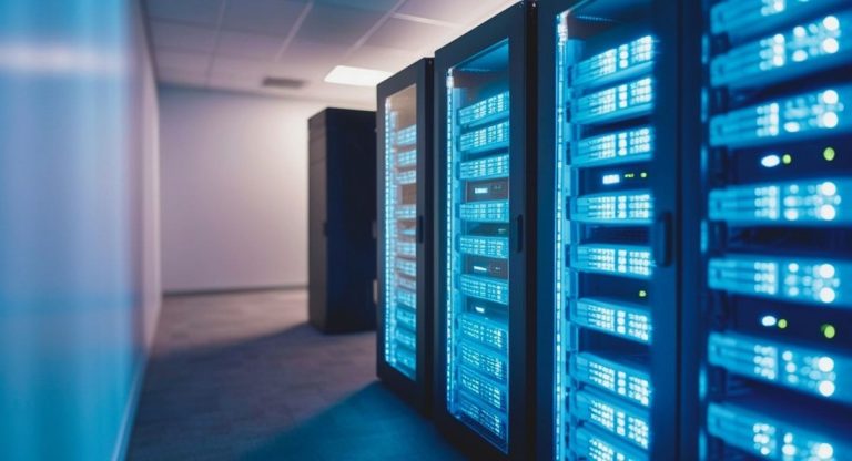 Allee de racks de serveurs dans un data center eclairee par des lumieres bleues