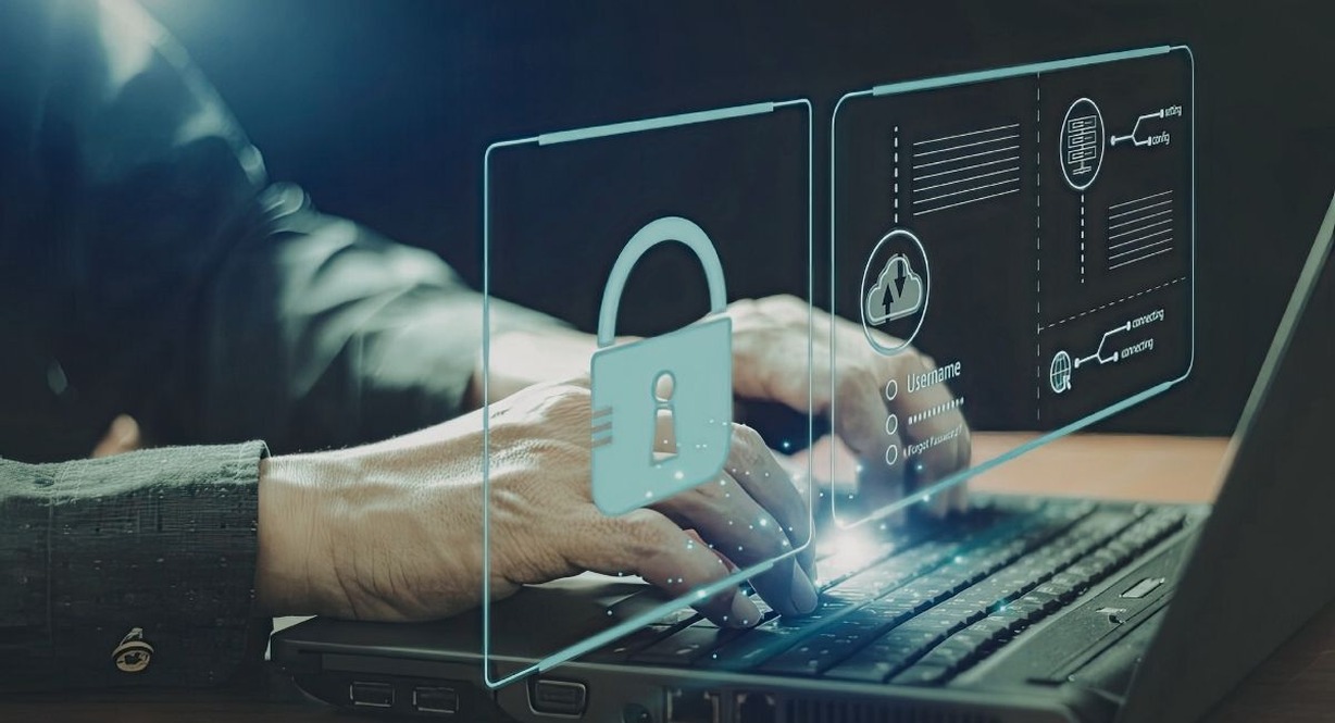Interaction numerique securisee sur un ordinateur portable avec icones de protection en ligne