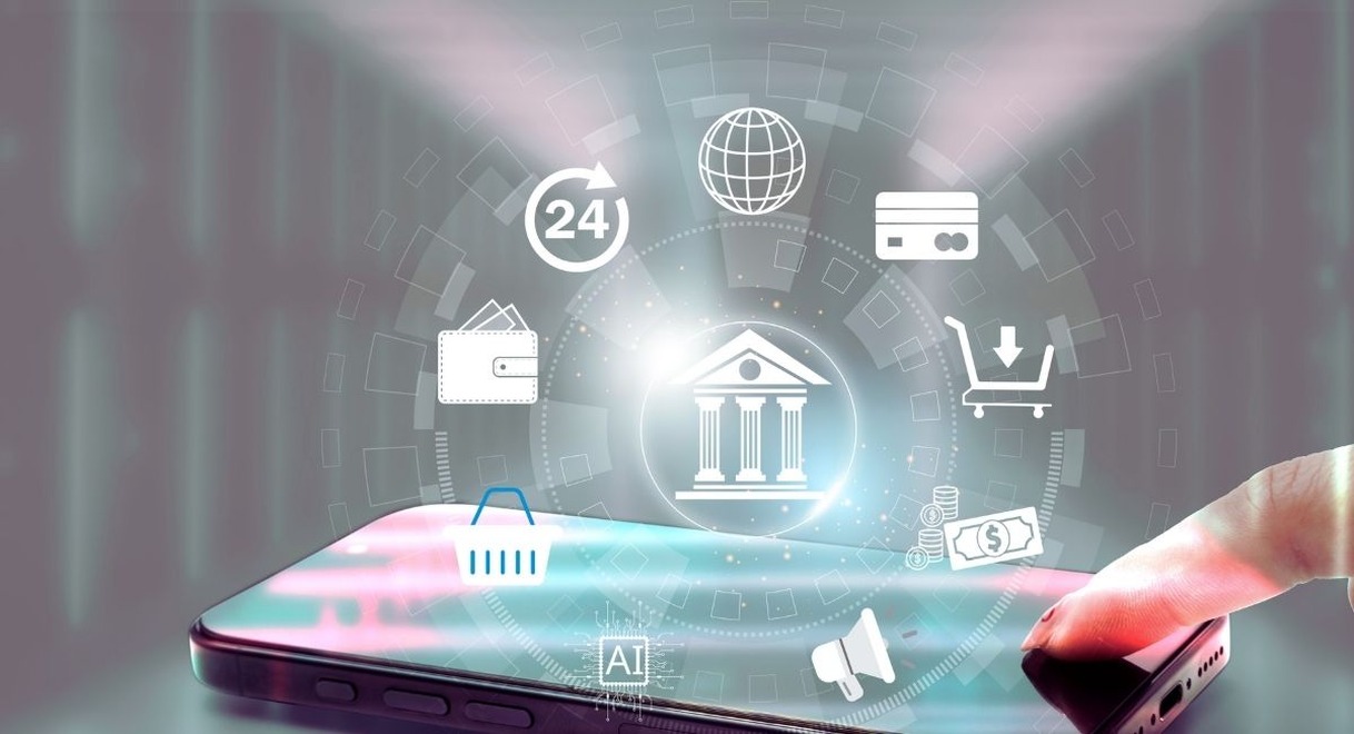 Smartphone affichant des icones de banque numerique et de paiement mobile