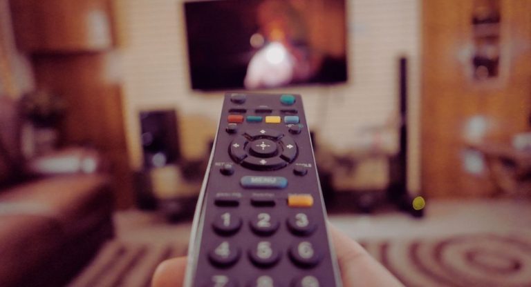 Personne contrôlant la television avec une telecommande dans le salon