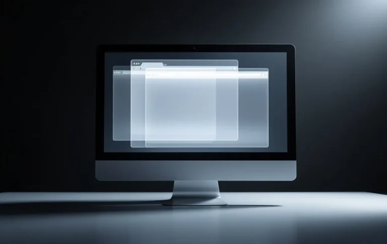 Deux pages web presque identiques se superposent comme des feuilles transparentes sur un écran d’ordinateur éclairé par un projecteur dans une pièce sombre.