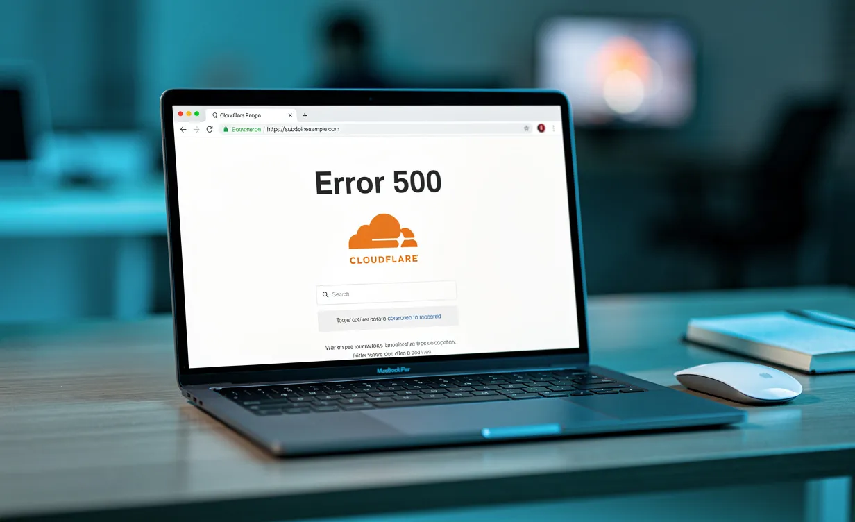 Un ordinateur portable sur un bureau affiche une erreur 500 avec le logo Cloudflare et une URL de sous-domaine en arrière-plan flou.