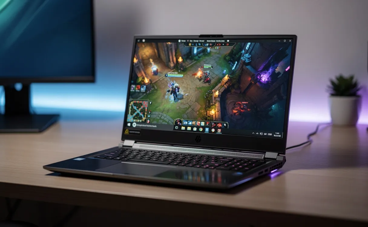 Un ordinateur portable de jeu affiche des jeux vidéo populaires sous Linux dans une pièce moderne à l’éclairage tamisé.