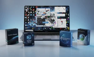 Un ordinateur portable affiche un bureau Windows encombré, entouré de cinq boîtes de logiciels de nettoyage dans une lumière bleutée.