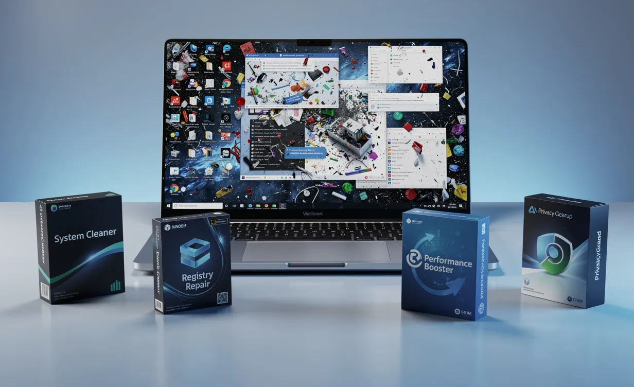 Un ordinateur portable affiche un bureau Windows encombré, entouré de cinq boîtes de logiciels de nettoyage dans une lumière bleutée.